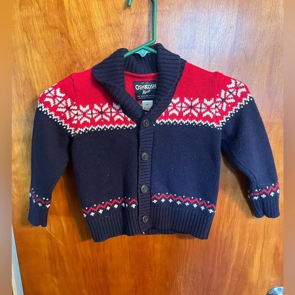 3T OshKosh B'gosh Boy's Red White & Blue Nordic Cardigan Sweater